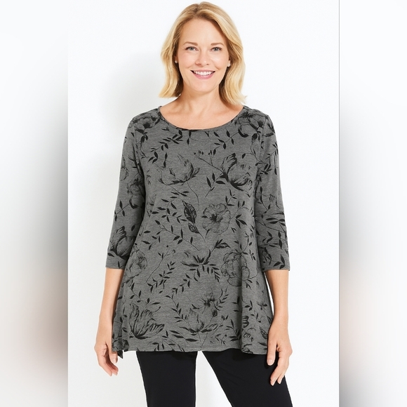 VTG Elaine Rose Womens 1X Gray Black Floral Tunic Top Whimsigoth Office Preppy - Picture 1 of 7